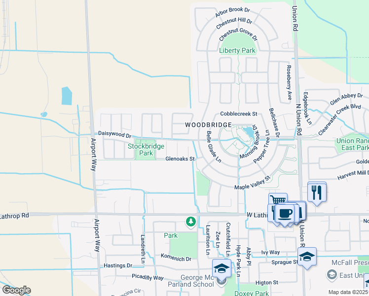 map of restaurants, bars, coffee shops, grocery stores, and more near 2387 Birdsong Place in Manteca