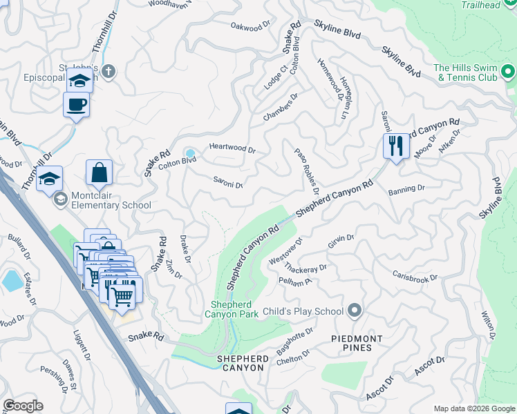 map of restaurants, bars, coffee shops, grocery stores, and more near 5942 Balboa Drive in Oakland