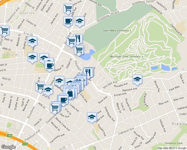 map of restaurants, bars, coffee shops, grocery stores, and more near 4440 Howe Street in Oakland