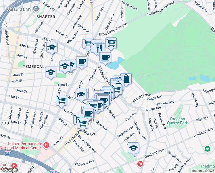 map of restaurants, bars, coffee shops, grocery stores, and more near 4398 Montgomery Street in Oakland