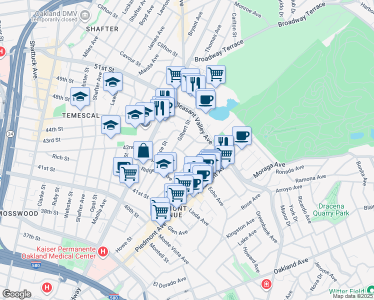map of restaurants, bars, coffee shops, grocery stores, and more near 4312 Gilbert Street in Oakland