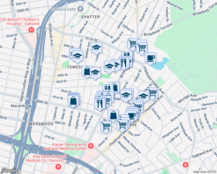 map of restaurants, bars, coffee shops, grocery stores, and more near 341 42nd Street in Oakland