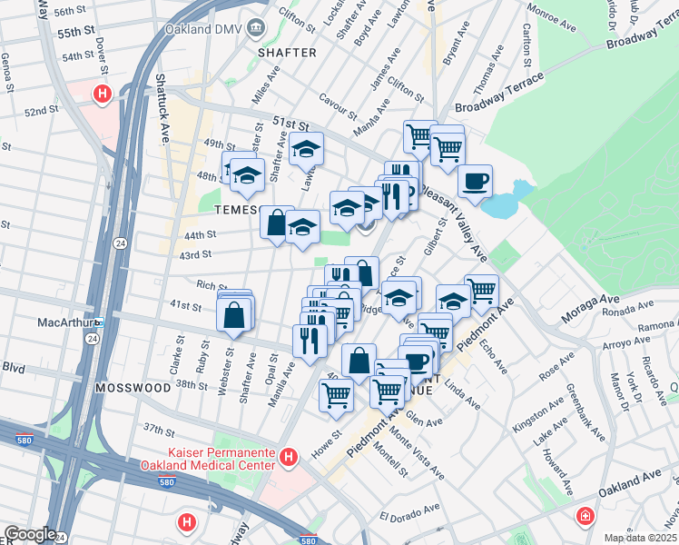 map of restaurants, bars, coffee shops, grocery stores, and more near 341 42nd Street in Oakland