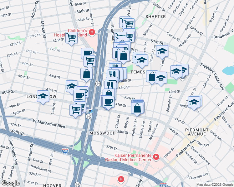 map of restaurants, bars, coffee shops, grocery stores, and more near in Oakland