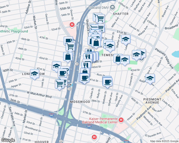 map of restaurants, bars, coffee shops, grocery stores, and more near in Oakland