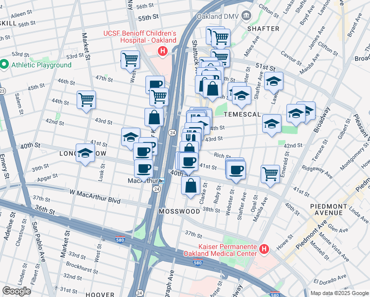 map of restaurants, bars, coffee shops, grocery stores, and more near 535 43rd Street in Oakland