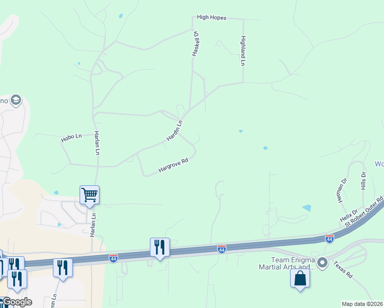 map of restaurants, bars, coffee shops, grocery stores, and more near 15640 Hargrove Road in Saint Robert