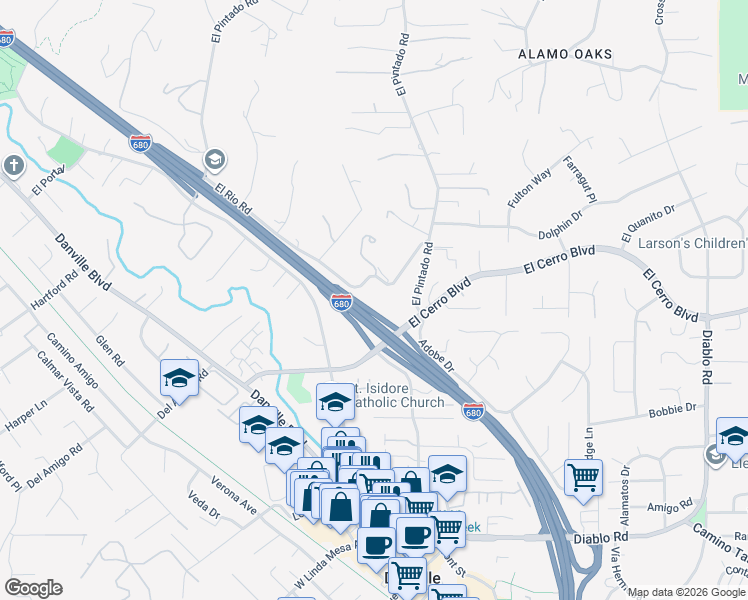 map of restaurants, bars, coffee shops, grocery stores, and more near 471 El Rio Road in Danville