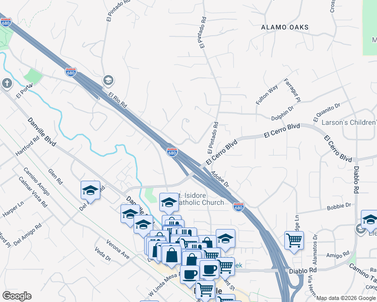 map of restaurants, bars, coffee shops, grocery stores, and more near 451 El Rio Road in Danville