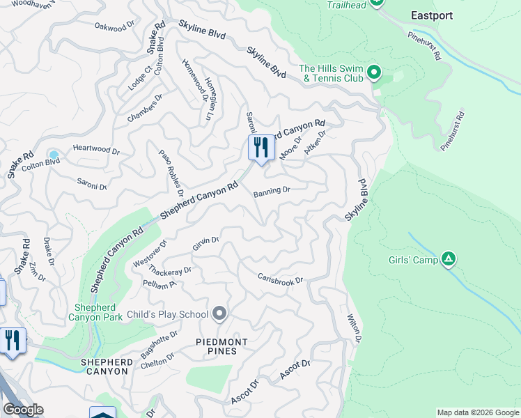 map of restaurants, bars, coffee shops, grocery stores, and more near 6684 Banning Drive in Oakland