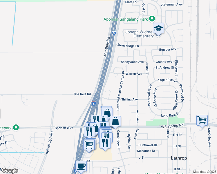 map of restaurants, bars, coffee shops, grocery stores, and more near 14224 South Harlan Road in Lathrop