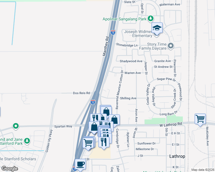 map of restaurants, bars, coffee shops, grocery stores, and more near 14150 South Harlan Road in Lathrop