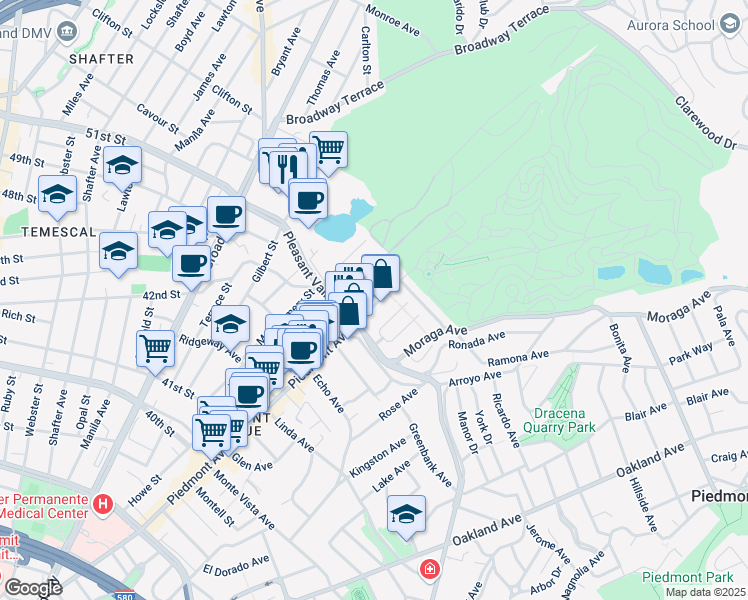 map of restaurants, bars, coffee shops, grocery stores, and more near 4445 Piedmont Avenue in Oakland