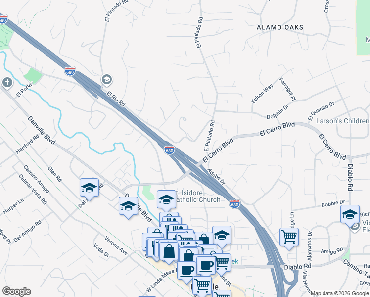 map of restaurants, bars, coffee shops, grocery stores, and more near 471 El Rio Road in Danville