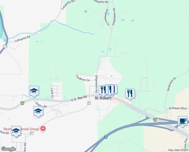 map of restaurants, bars, coffee shops, grocery stores, and more near 1 Faulkner Circle in Saint Robert