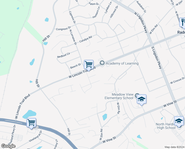 map of restaurants, bars, coffee shops, grocery stores, and more near 1503 Pin Oak Court in Radcliff