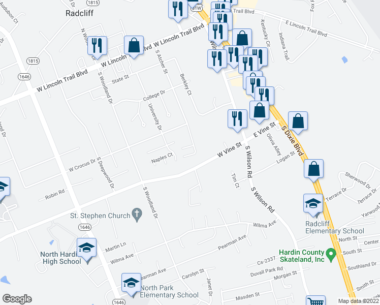 map of restaurants, bars, coffee shops, grocery stores, and more near 603 South Atcher Street in Radcliff