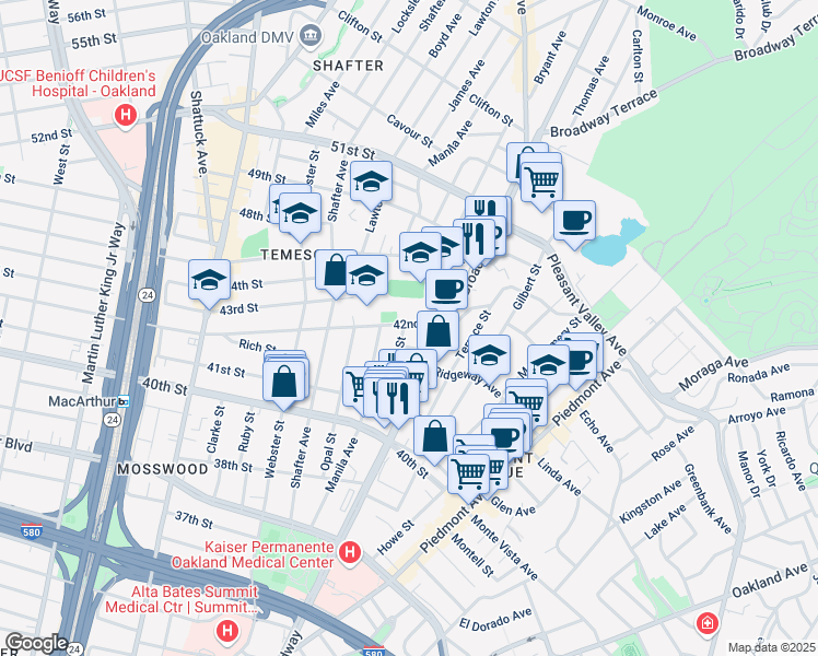 map of restaurants, bars, coffee shops, grocery stores, and more near 341 42nd Street in Oakland