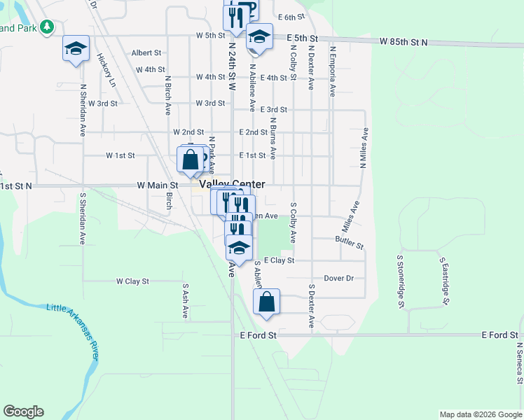 map of restaurants, bars, coffee shops, grocery stores, and more near 231 E Main St in Valley Center