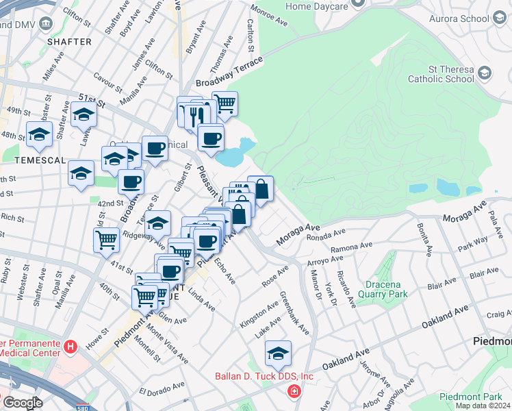 map of restaurants, bars, coffee shops, grocery stores, and more near 4440 Howe Street in Oakland