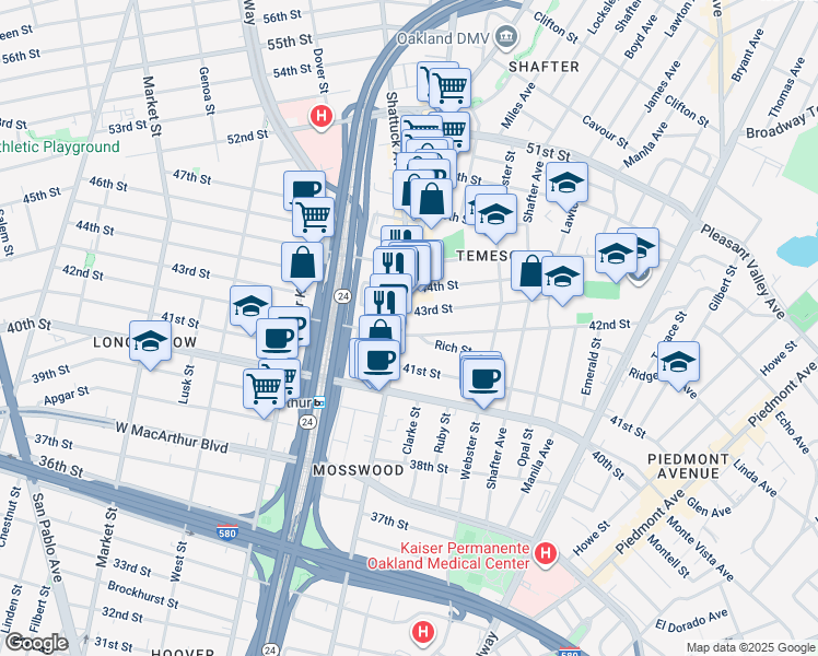 map of restaurants, bars, coffee shops, grocery stores, and more near in Oakland