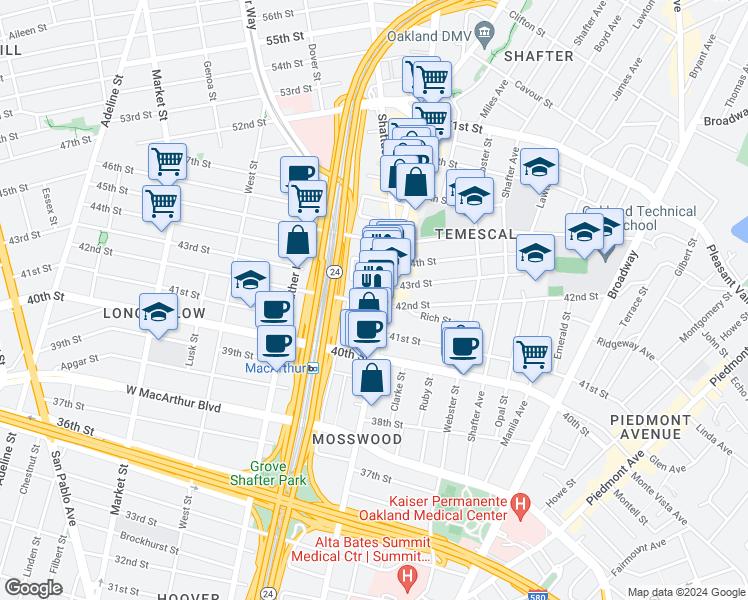 map of restaurants, bars, coffee shops, grocery stores, and more near 535 43rd Street in Oakland