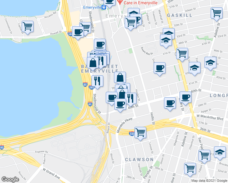 map of restaurants, bars, coffee shops, grocery stores, and more near 4250 Halleck Street in Emeryville