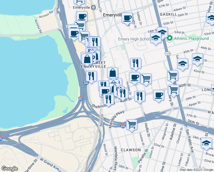 map of restaurants, bars, coffee shops, grocery stores, and more near 4250 Halleck Street in Emeryville