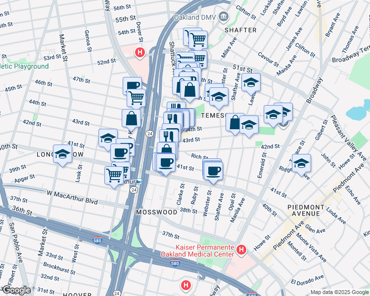 map of restaurants, bars, coffee shops, grocery stores, and more near 490 42nd Street in Oakland