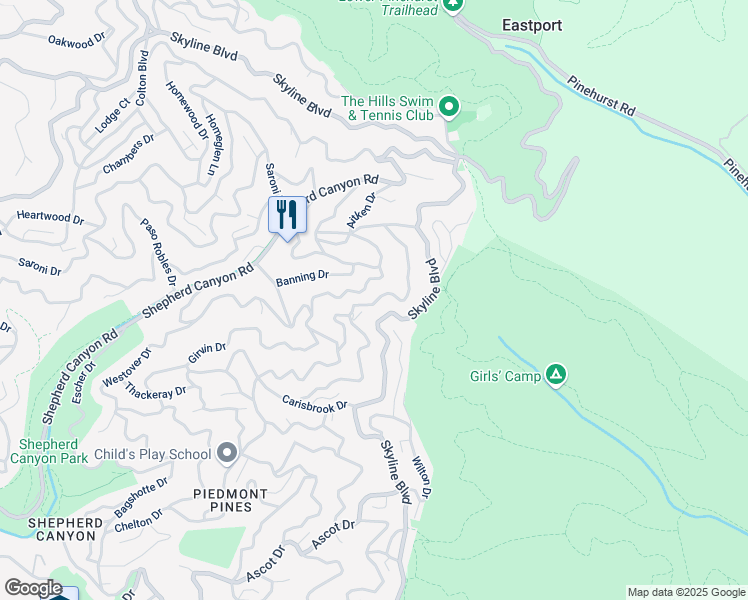 map of restaurants, bars, coffee shops, grocery stores, and more near 6680 Aitken Drive in Oakland