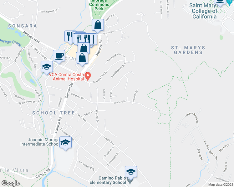 map of restaurants, bars, coffee shops, grocery stores, and more near 11 Gloria Court in Moraga