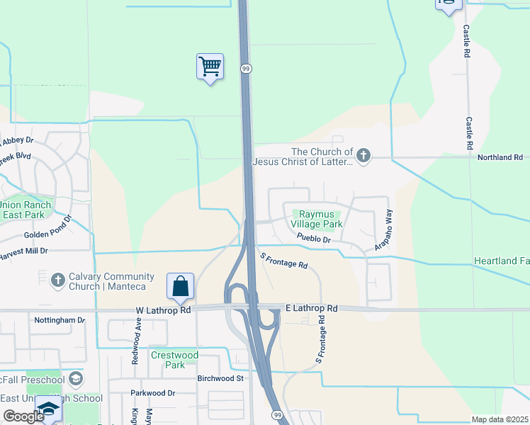 map of restaurants, bars, coffee shops, grocery stores, and more near 14475 Navajo Way in Manteca