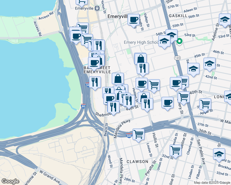 map of restaurants, bars, coffee shops, grocery stores, and more near 1500 Park Avenue in Emeryville