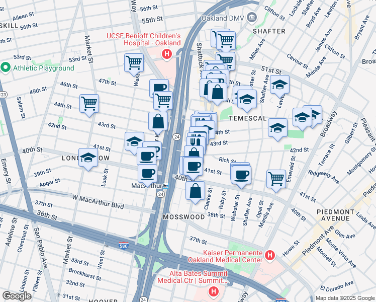 map of restaurants, bars, coffee shops, grocery stores, and more near 542 42nd Street in Oakland