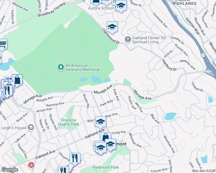 map of restaurants, bars, coffee shops, grocery stores, and more near 633 Moraga Avenue in Piedmont