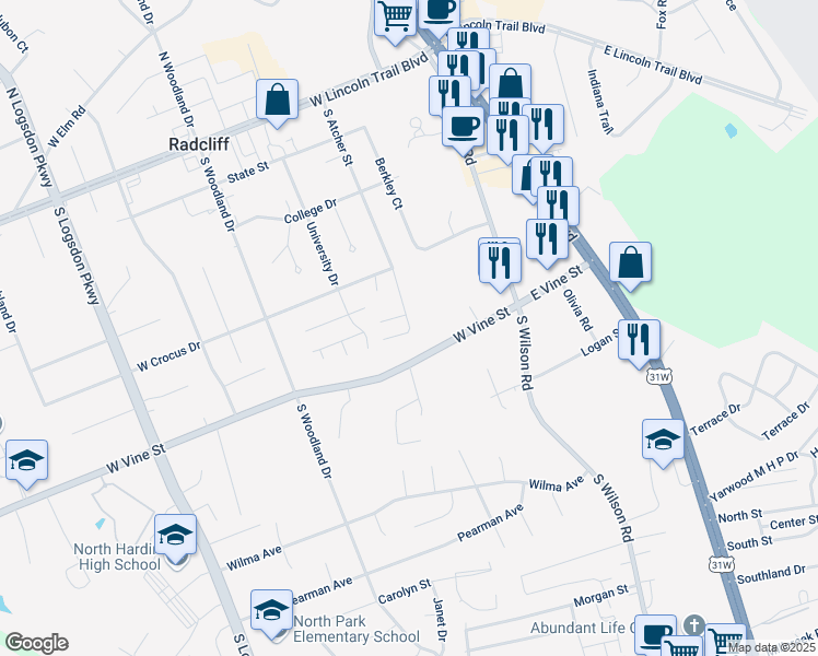 map of restaurants, bars, coffee shops, grocery stores, and more near 631 South Atcher Street in Radcliff