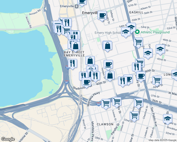 map of restaurants, bars, coffee shops, grocery stores, and more near 1500 Park Avenue in Emeryville