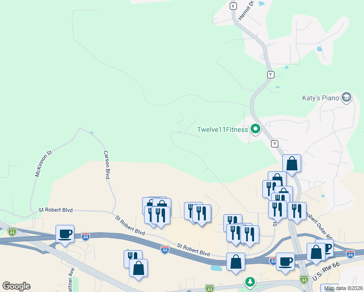 map of restaurants, bars, coffee shops, grocery stores, and more near 337 Carmel Valley Way in Saint Robert