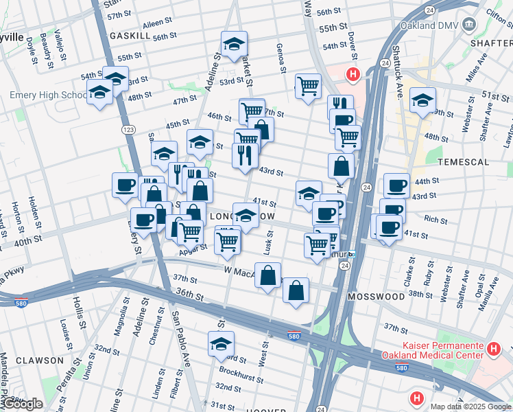 map of restaurants, bars, coffee shops, grocery stores, and more near 870 41st Street in Oakland