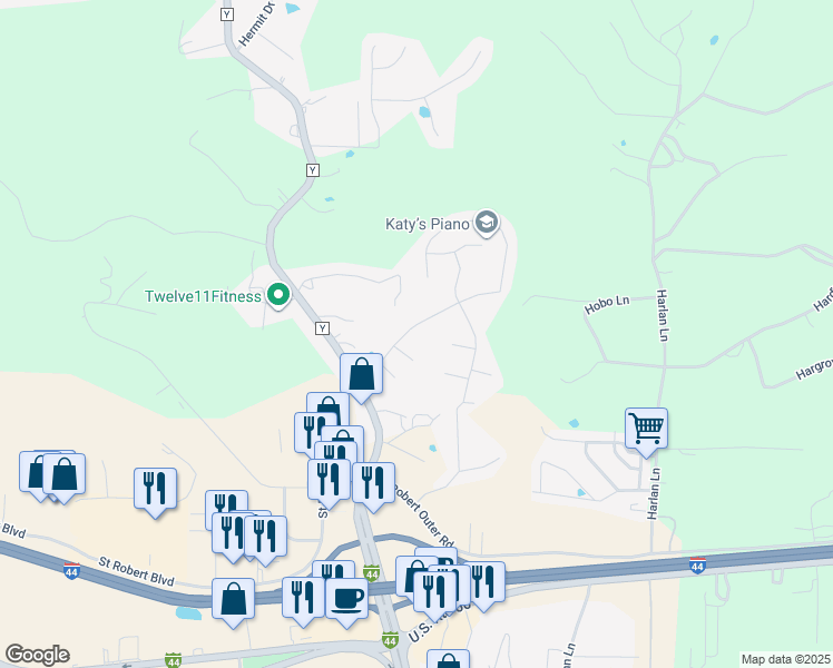 map of restaurants, bars, coffee shops, grocery stores, and more near 113 Brush Creek Parkway in Saint Robert