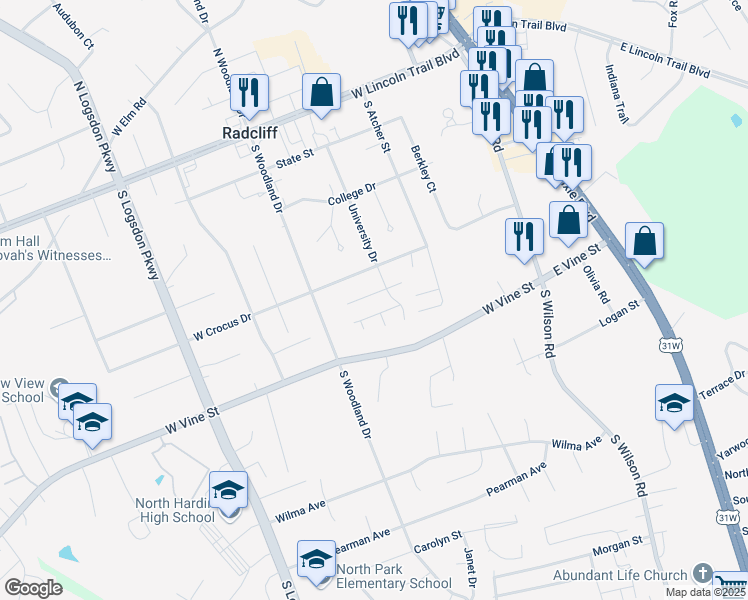 map of restaurants, bars, coffee shops, grocery stores, and more near 103 West Tuscany Court in Radcliff