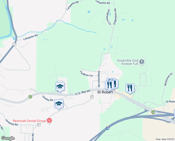 map of restaurants, bars, coffee shops, grocery stores, and more near 40 Faulkner Circle in Saint Robert