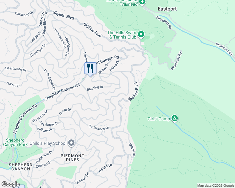 map of restaurants, bars, coffee shops, grocery stores, and more near 6680 Aitken Drive in Oakland