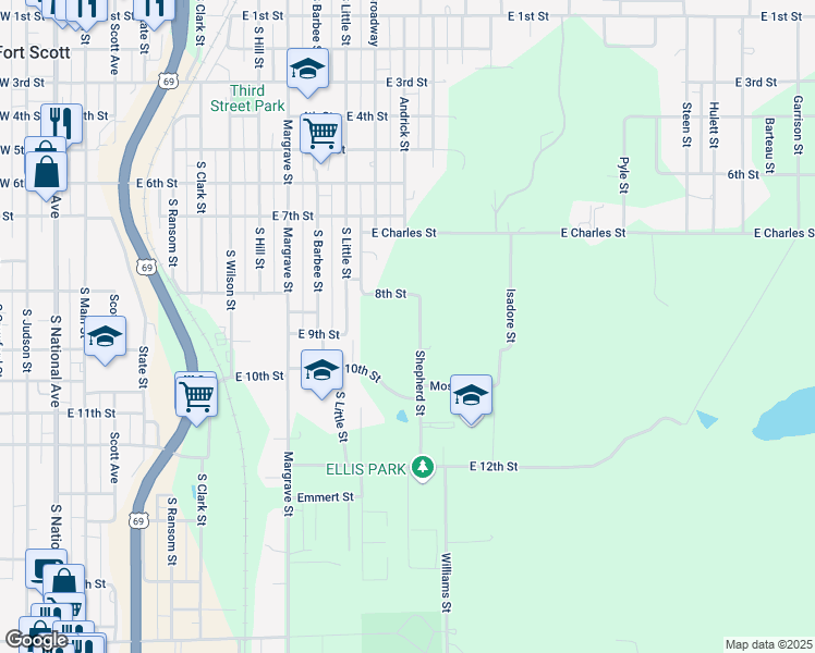 map of restaurants, bars, coffee shops, grocery stores, and more near 804 Shepherd Street in Fort Scott
