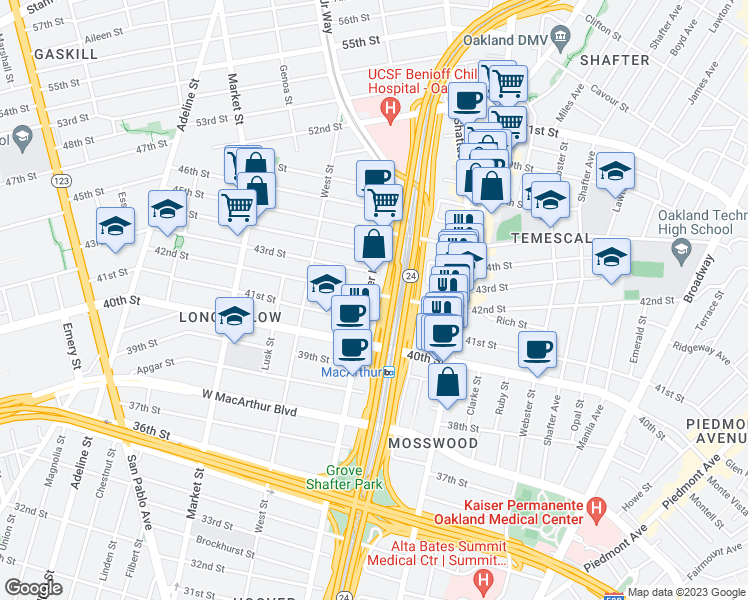 map of restaurants, bars, coffee shops, grocery stores, and more near 4144 Martin Luther King Junior Way in Oakland