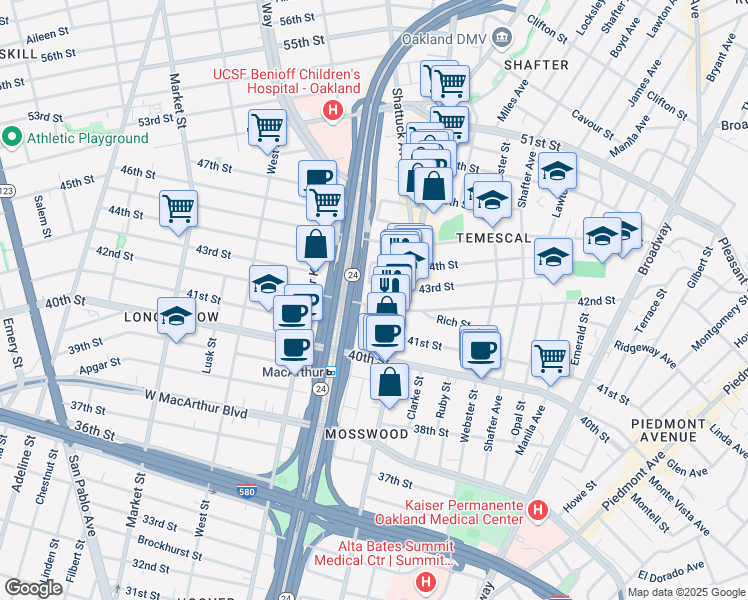 map of restaurants, bars, coffee shops, grocery stores, and more near 542 42nd Street in Oakland
