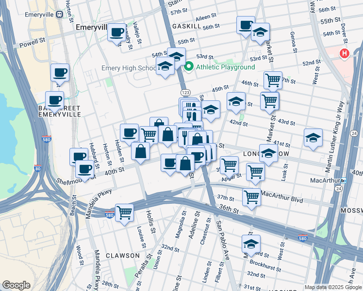 map of restaurants, bars, coffee shops, grocery stores, and more near in Emeryville