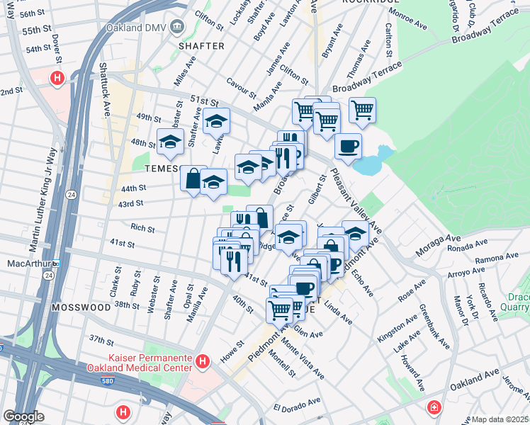 map of restaurants, bars, coffee shops, grocery stores, and more near Broadway & Mather St in Oakland