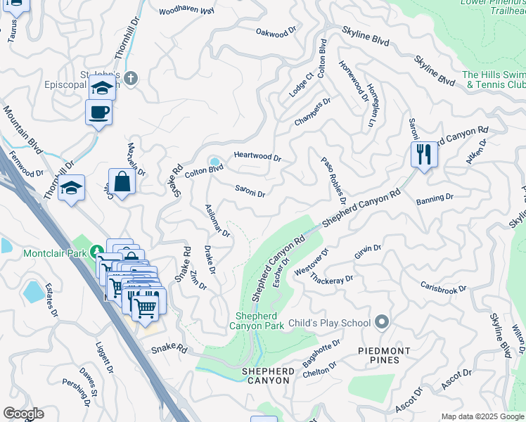 map of restaurants, bars, coffee shops, grocery stores, and more near 5851 Balboa Drive in Oakland