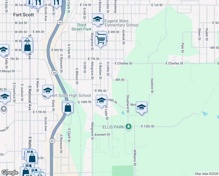 map of restaurants, bars, coffee shops, grocery stores, and more near 817 South Little Street in Fort Scott
